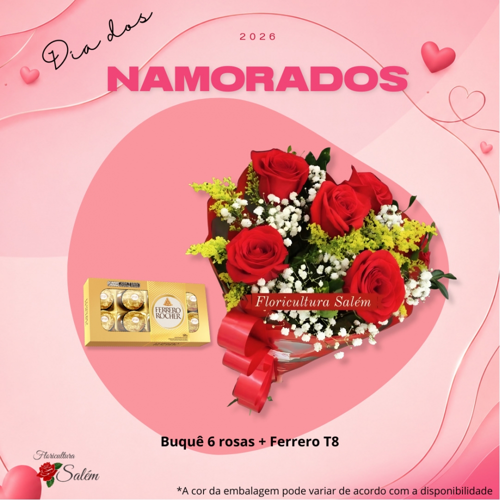 Buquê 6 Rosas Vermelho + Ferrero T8 NAMORADOS