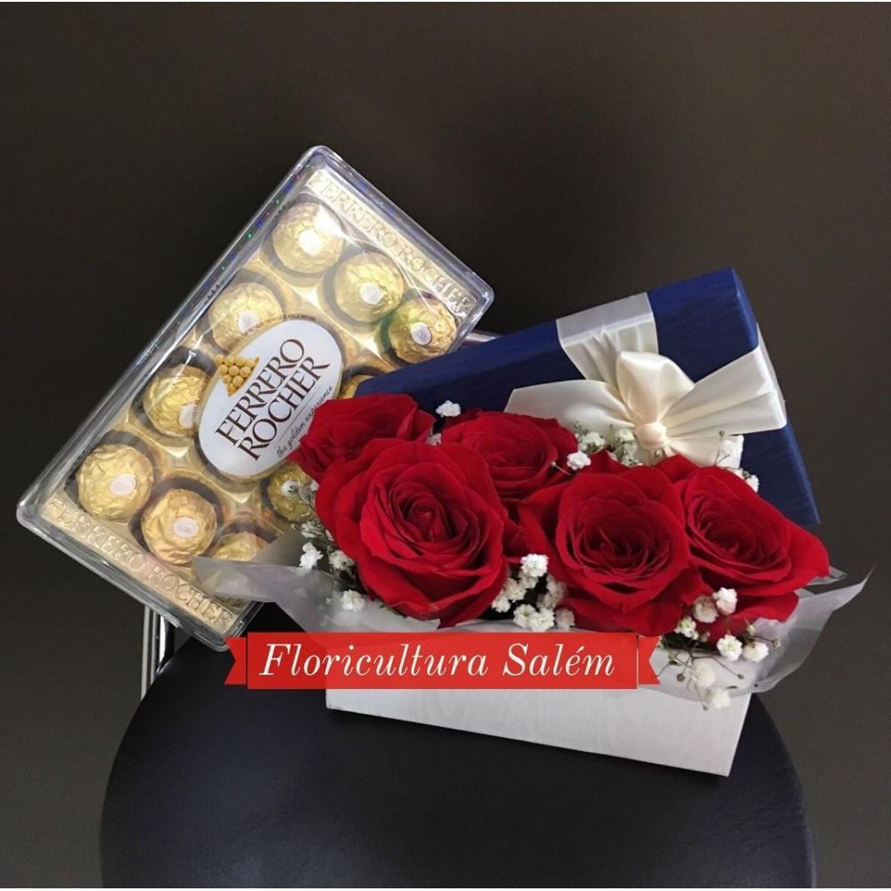 Kit Arranjo 5 Rosas Vermelhas com Ferrero Rocher