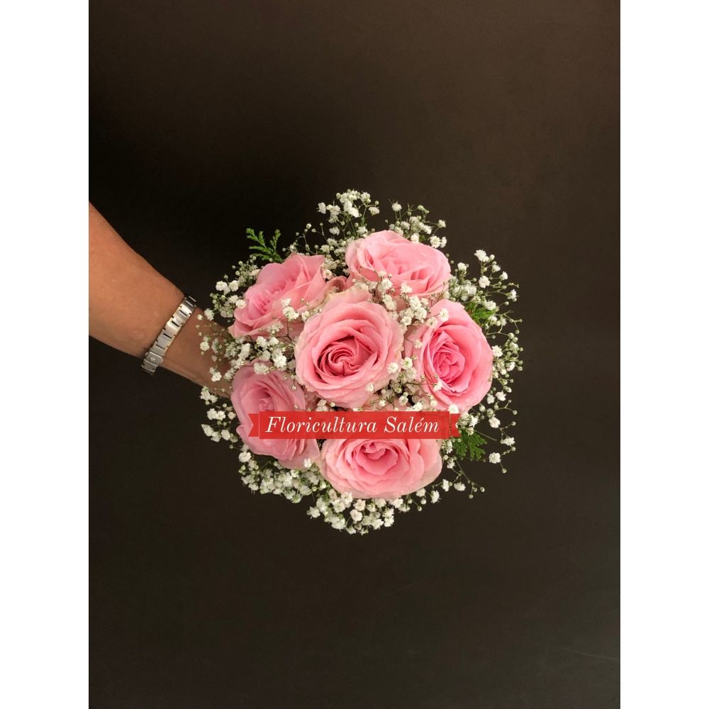 Buquê de Noiva 6 Rosas Colombianas Rosa - Floricultura Salém