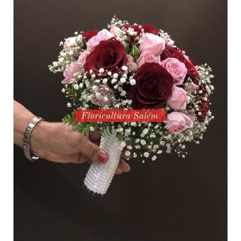 Buquê de Noiva 10 Rosas e Mini Rosas Cabo Perolado