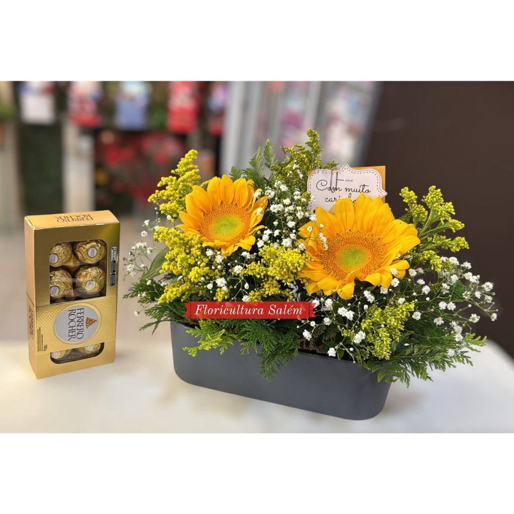 Arranjo Girassol duplo e Ferrero Rocher